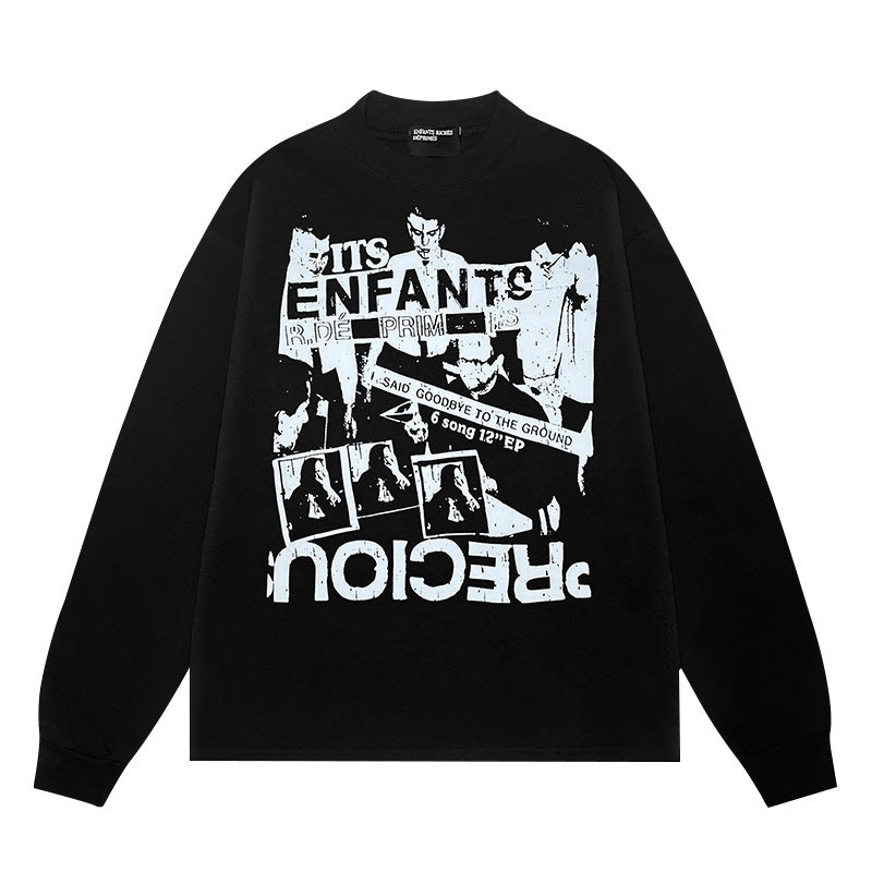 ERD Long sleeved shirt Black Long Sleeve Top Collage Letter Figure Print Dual Sides Graphic
