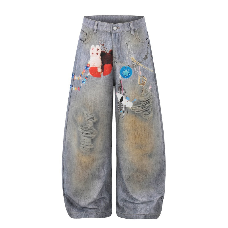 American-style streetwear harem pants Bunny Graphic Beaded Chain Washed Denim