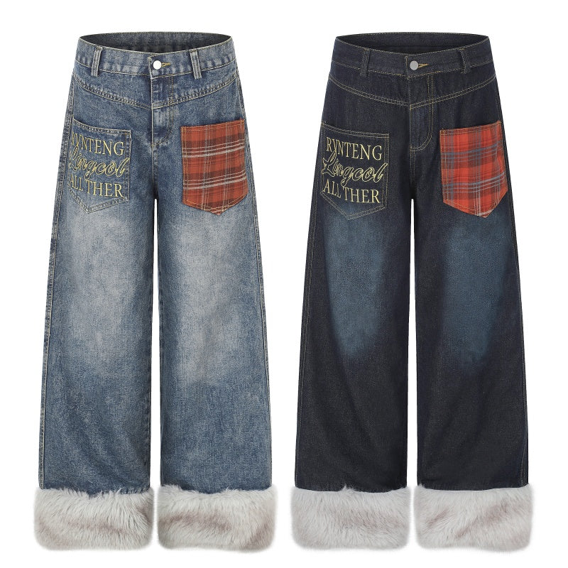 American-style streetwear harem pants Grunge Furry Hem Contrast Plaid Pocket Denim