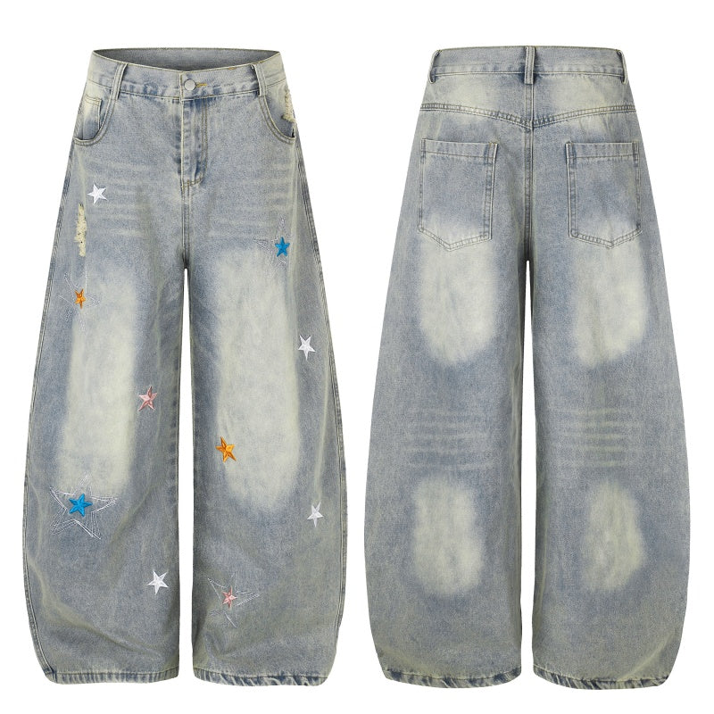 American-style streetwear harem pants Light Wash Star Embroidery Loose Barrel Cut Denim