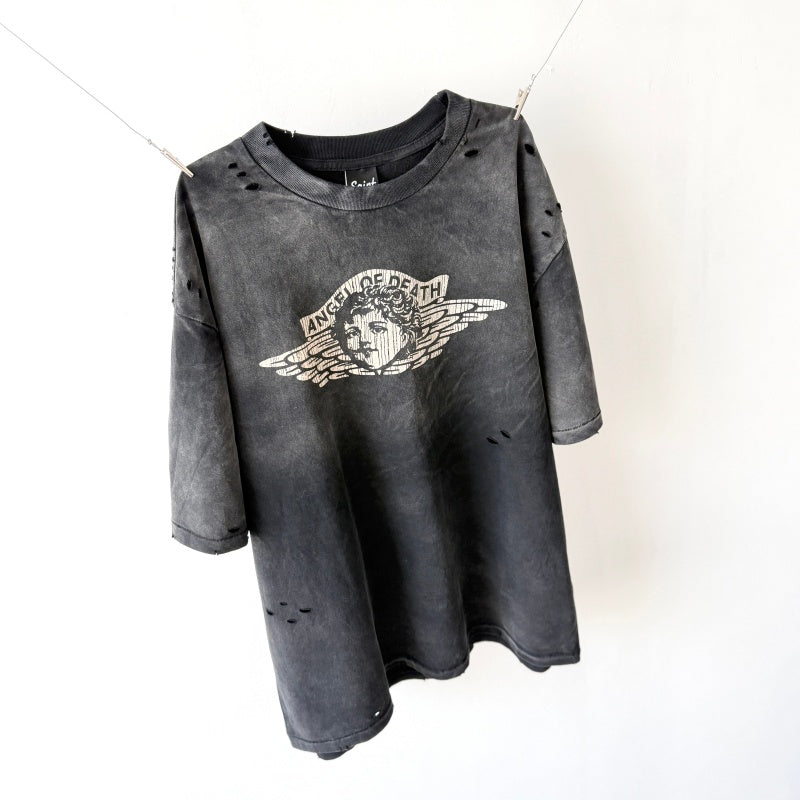 Unisex Vintage T Shirts Saint x Death Angel "Little Angel" Limited Edition. Crafted from heavyweight 100% cotton fabric (weighing 260g post-wash). Features vintage single-stitch construction (top and bottom hems), heavy-duty potassium spray and enzym