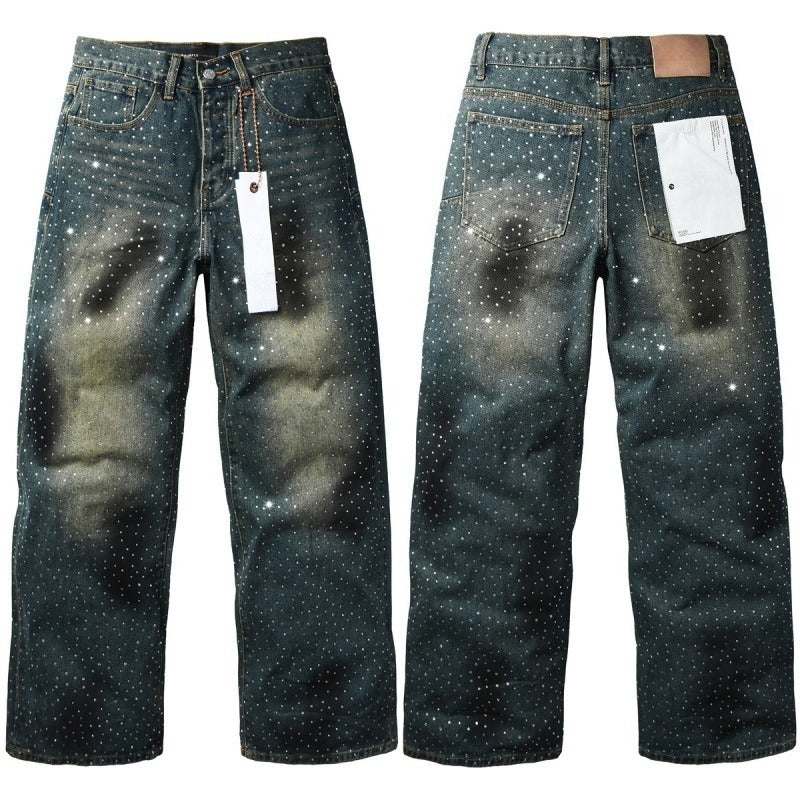 Purple brand Jeans High-quality pure cotton streetwear trousers Rhinestone-embellished loose straight-leg trousers