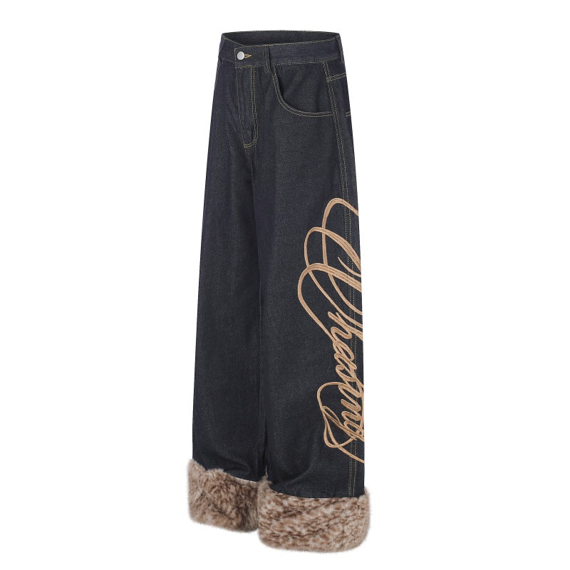 American-style streetwear harem pants Cursive Script Fur Cuff Wide Denim