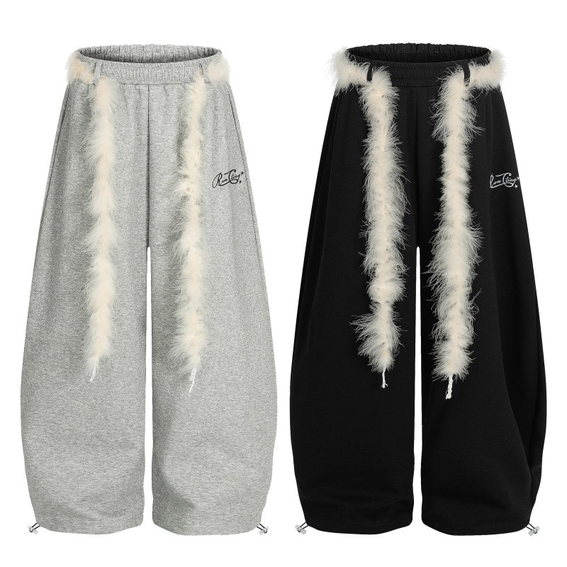 American-style streetwear harem pants Plush Edge Decor Wide Cut Streetwear