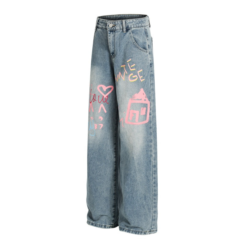 American-style streetwear harem pants Love Heart Graphic Relaxed Denim Bottoms