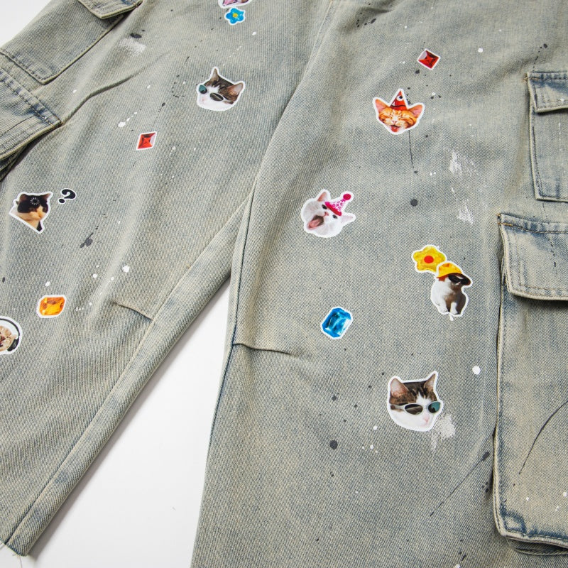 Street-style vintage Cropped trousers Retro Distressed Loose-Fit Wide-Leg Denim Cargo Shorts with Graphic Accents