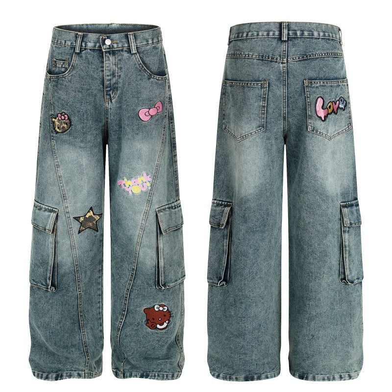 American-style streetwear harem pants Cute Bow Star Graphic Baggy Cargo Denim