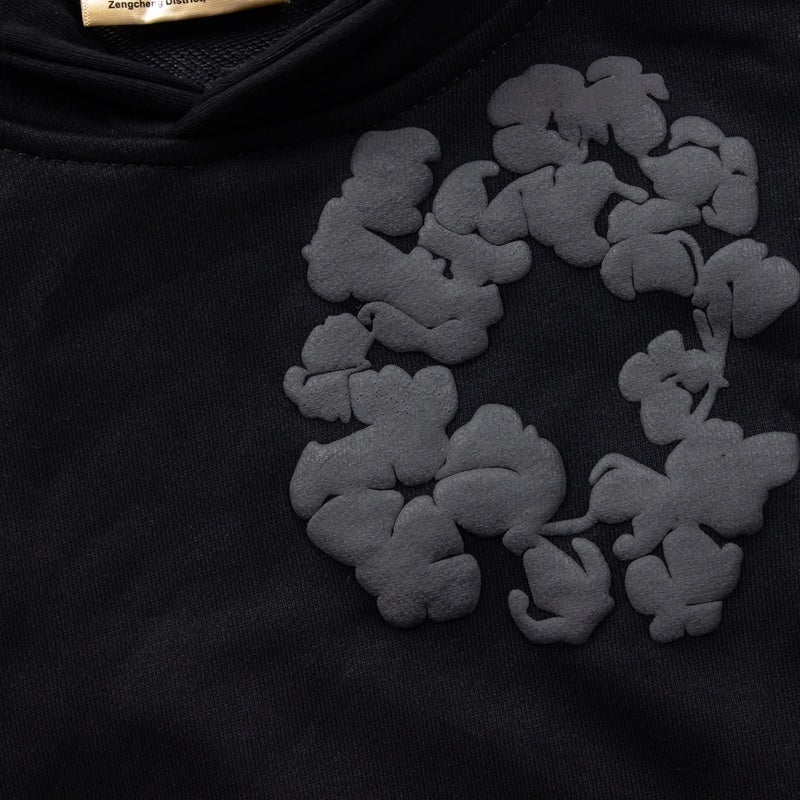 Denim Tears Hoodie Y2K All Black Cotton Wreath Floral Puff Printed Oversized Hoodie