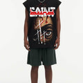 BIG FACE Drop-Shoulder Tank Top High-street vintage style featuring a small neckline, white-ink digital direct-to-garment (DTG) printing, and a heavy-duty, distressed wash finish; crafted from 260g double-yarn plain-knit fabric.