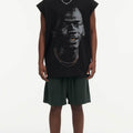 BIG FACE Drop-Shoulder Tank Top High-street vintage style featuring a small neckline, white-ink digital direct-to-garment (DTG) printing, and a heavy-duty, distressed wash finish; crafted from 260g double-yarn plain-knit fabric.