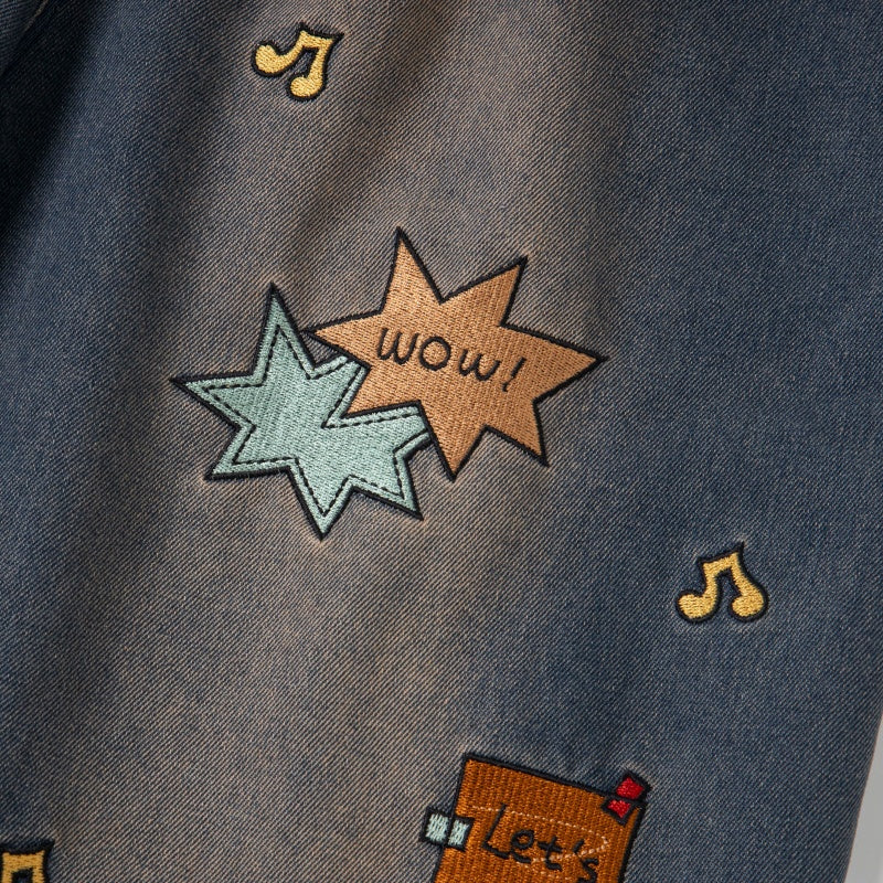 Street-style vintage Cropped trousers Retro Casual Hip Hop Patchwork Denim Jorts with Cute Character Embroidery