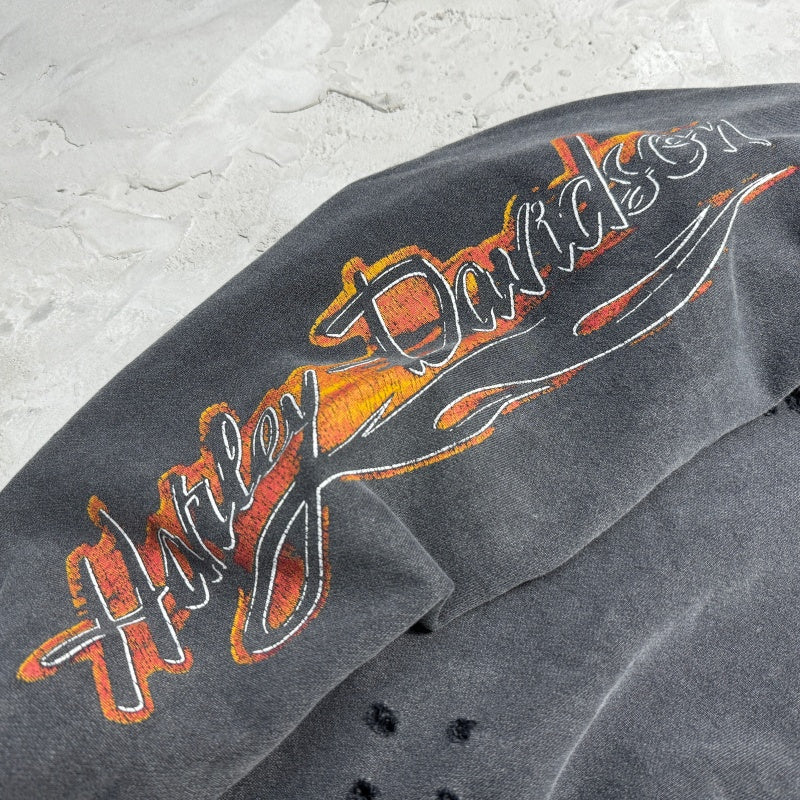 Unisex Vintage Hoodie Harley-Davidson "West Coast Flames & Cross" Limited Edition Distressed Hoodie — featuring multi-area handcrafted distressing and heavy-duty enzyme-washed, faded finish.