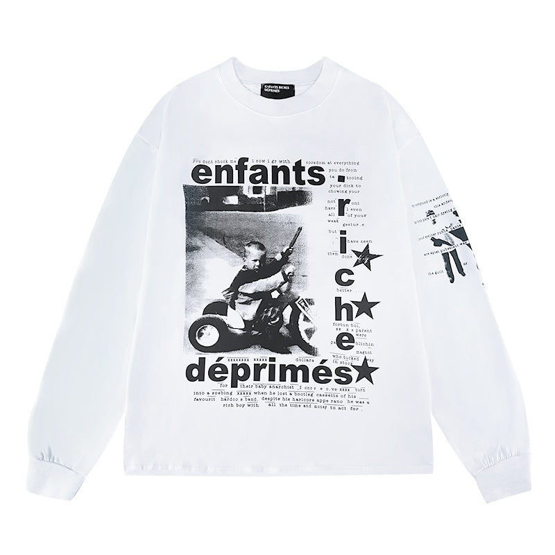 ERD Long sleeved shirt  Retro Grunge Long Sleeve Tee Dual-Side Biker Portrait Artwork