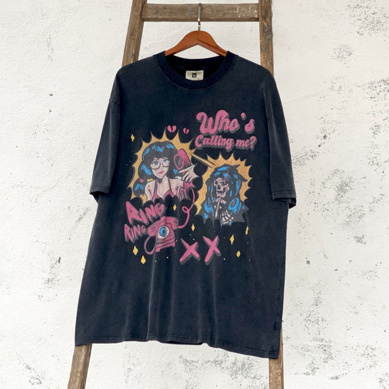 Unisex Vintage T Shirts "Evil Spirit Summoning" Limited Edition | White Ink Direct-to-Garment Print | High-Street Vintage Style | Heavyweight Distressed Acid Wash