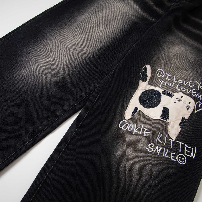Street-style vintage jeans Retro Casual Loose-Fit Straight-Leg Trousers with Cute Cat Graphic and Contrast Waistband