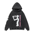 ERD Hoodie Washed Black Pullover Pink Vertical Letter Figure & Sleeve Print