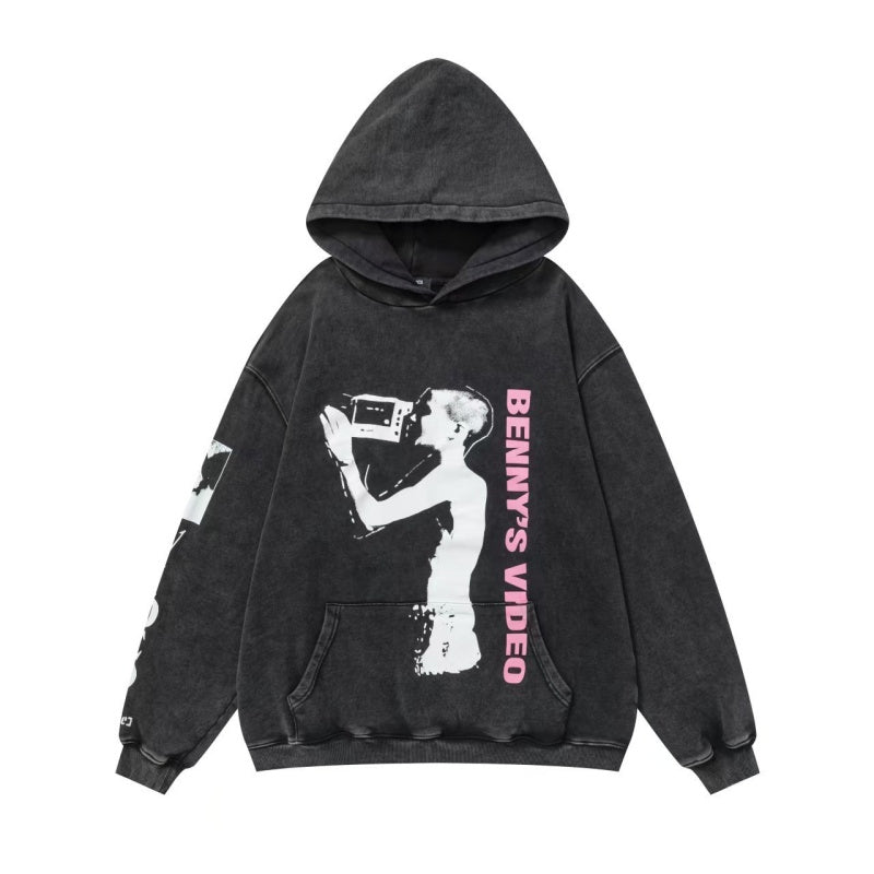 ERD Hoodie Washed Black Pullover Pink Vertical Letter Figure & Sleeve Print