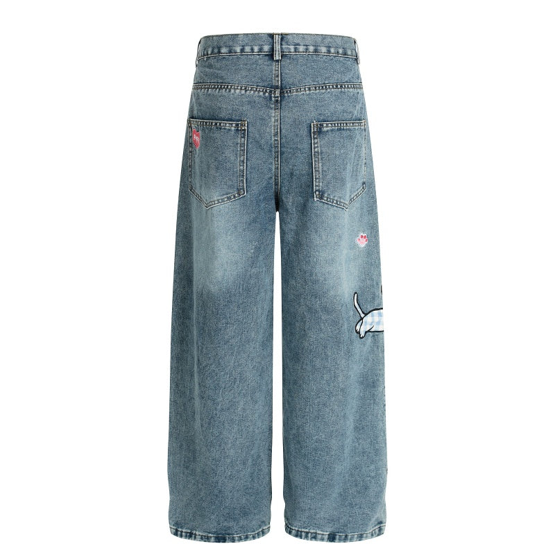 American-style streetwear harem pants Heart Sausage Dog Embroidered Wide Denim