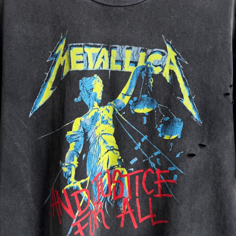 Unisex Vintage T Shirts Saint × BerBerJin × Metallica three-way collaboration washed short-sleeve tee. Features vintage single-stitch construction, heavy enzyme-wash finish, and distressed "cut-and-tear" detailing across multiple areas.