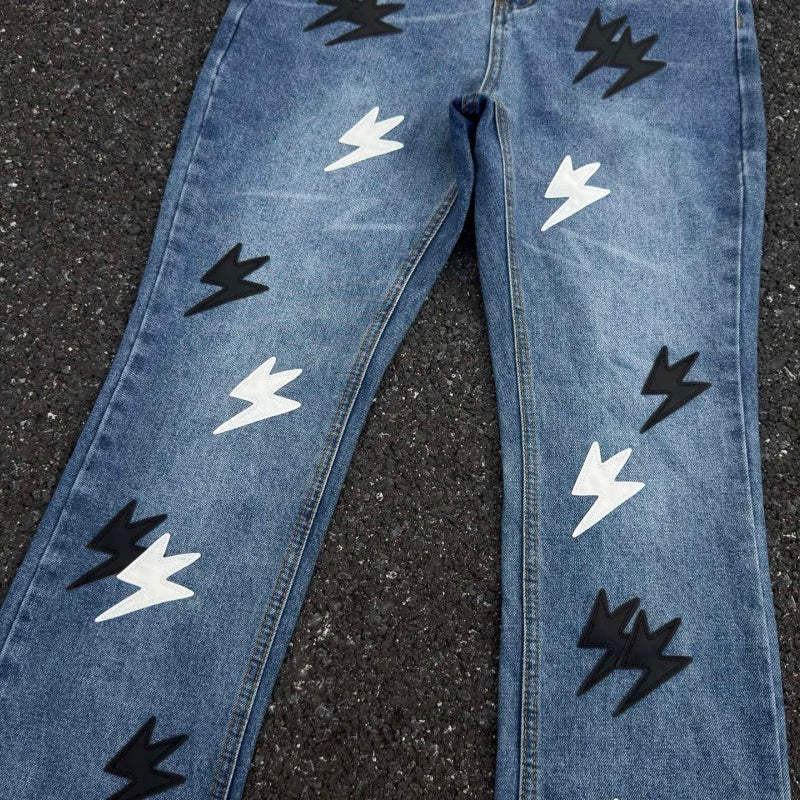 Lightning Pattern Jeans High-quality high-street pure cotton trousers
