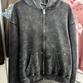 Unisex Vintage Hoodie Oversized, relaxed-fit layered outerwear; naturally faded, distressed wash finish; hand-applied ink splatter detailing; heavyweight pure cotton French terry fabric.