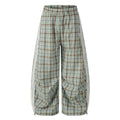 American-style streetwear harem pants Plaid Fringe Trim Ruched Curved Bottoms
