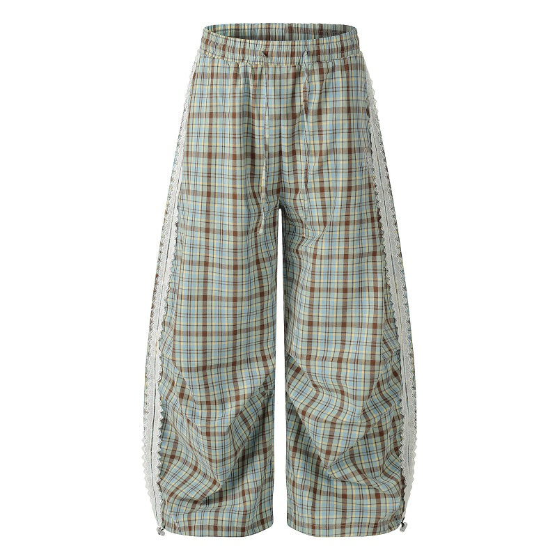 American-style streetwear harem pants Plaid Fringe Trim Ruched Curved Bottoms