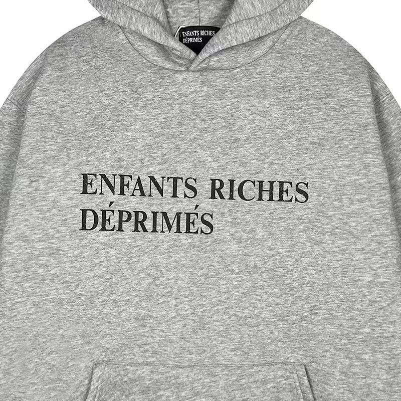 ERD Hoodie Heather Grey Fleece Lined Hoodie Front Classic Serif Letter Print