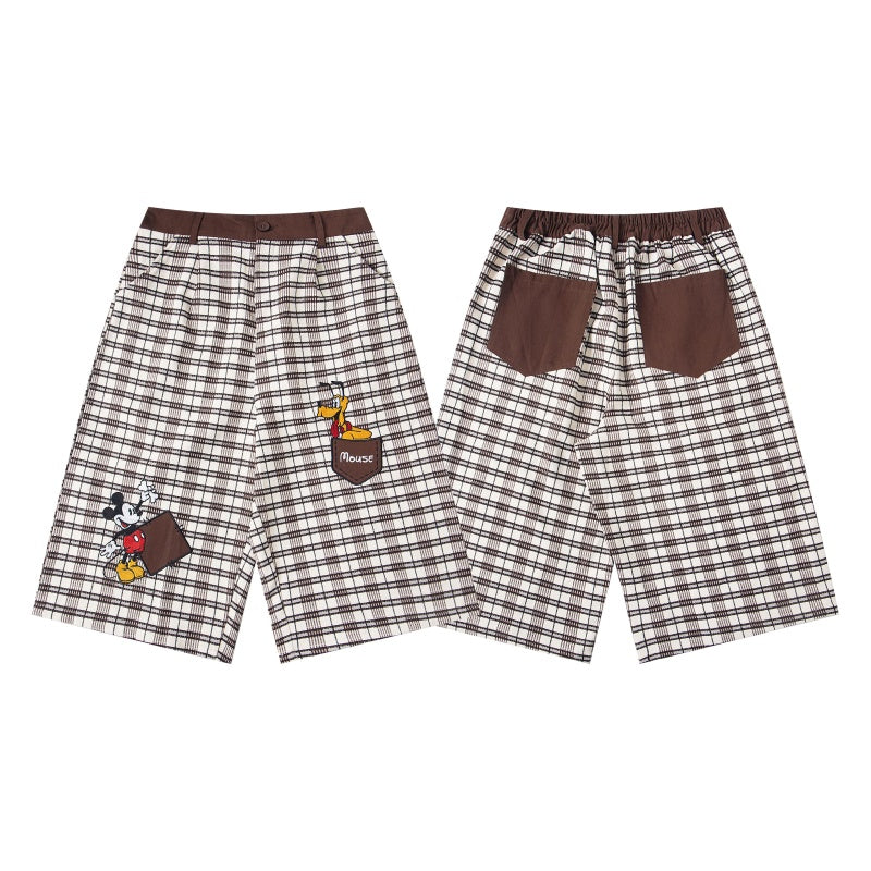 Street-style vintage Cropped trousers Retro Harajuku Style Wide-Leg Plaid Shorts with Cute Character Embroidery