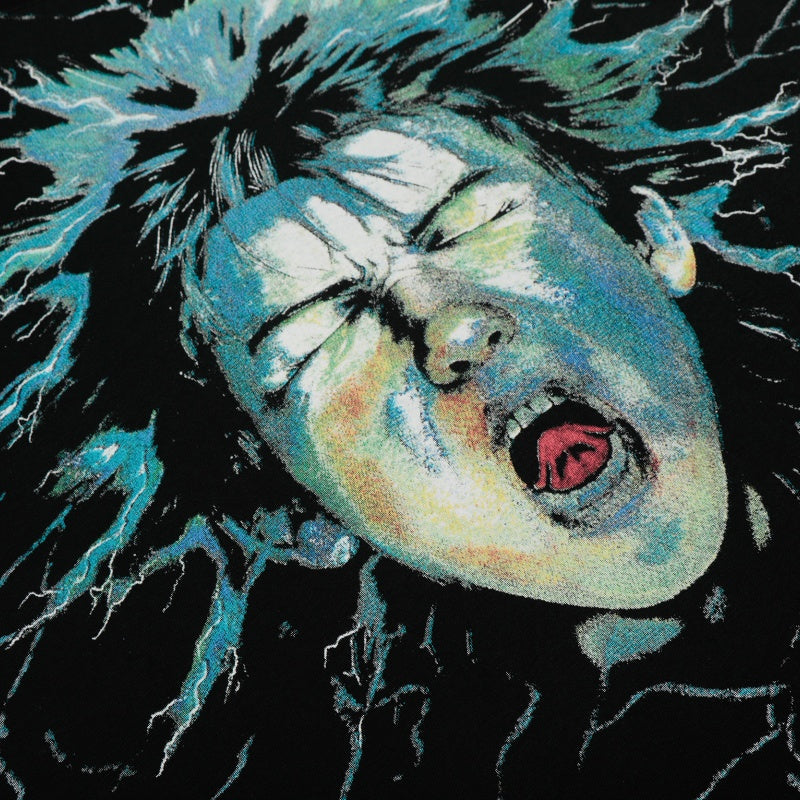 Vintage-style American T-shirt Cracked Teal Lightning Human‑to‑Skull Print