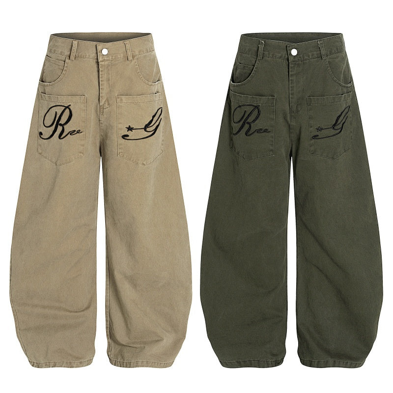 American-style streetwear harem pants Retro Khaki & Olive Script Embroidered Relaxed Bottoms