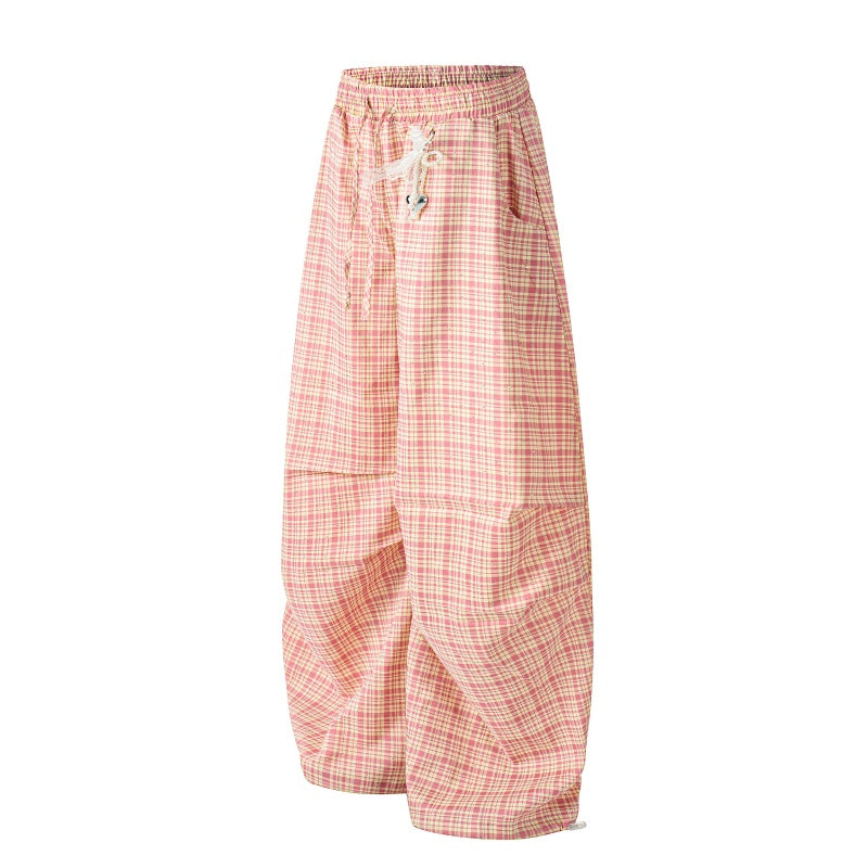 American-style streetwear harem pants Plaid Bow Tie Ruched Curved Bottoms