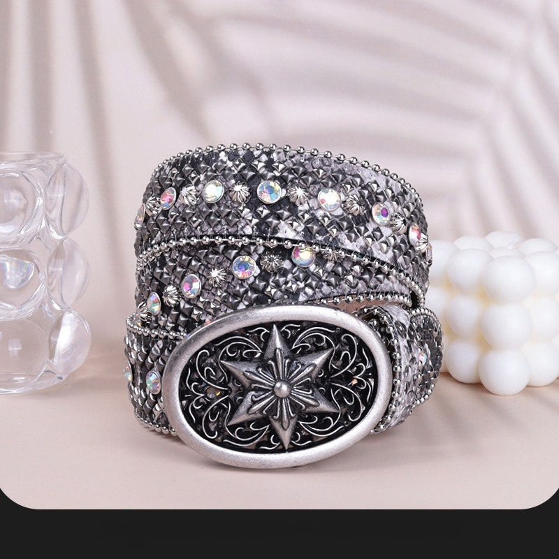 Hip-hop punk rhinestone belt snakeskin pattern plate buckle punk style