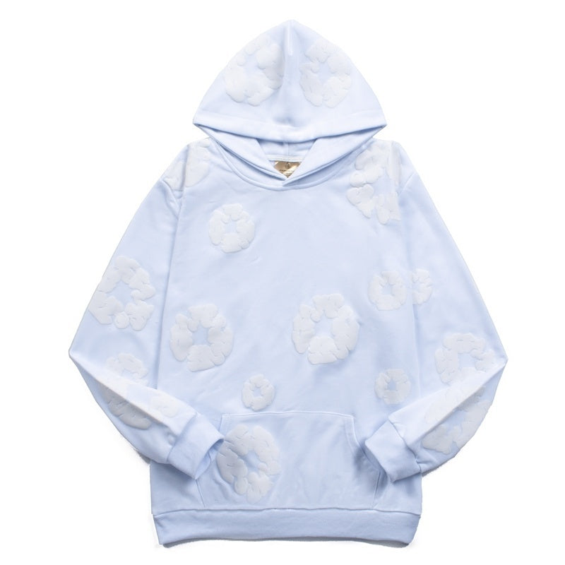 Denim Tears Hoodie Y2K All-Over White Cotton Wreath Floral Puff Printed Light Blue Oversized Hoodie