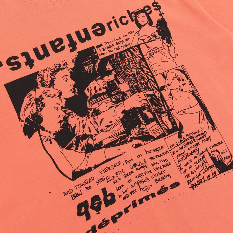 ERD T Shirts Bright Orange Distorted Text Vintage Sketch Collage Top