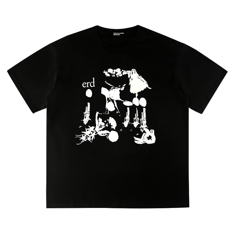 ERD T Shirts Front Chaos Figure Sketch Monochrome Casual Top
