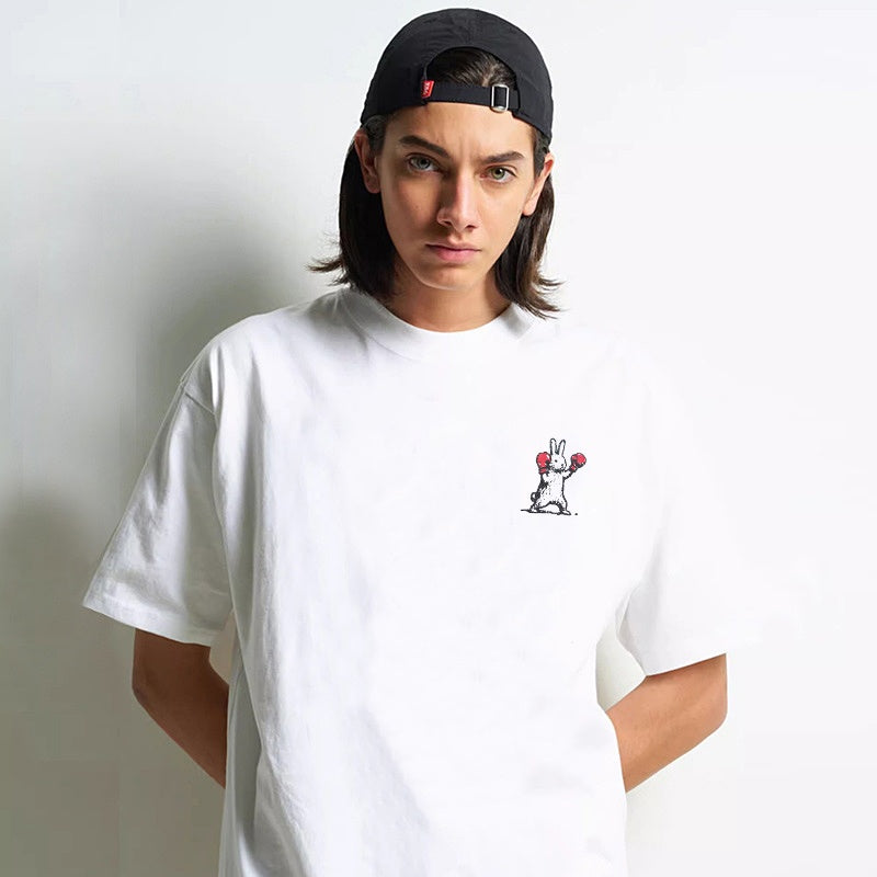 Mens T-shirt Vintage American-style Super cute boxing rabbit