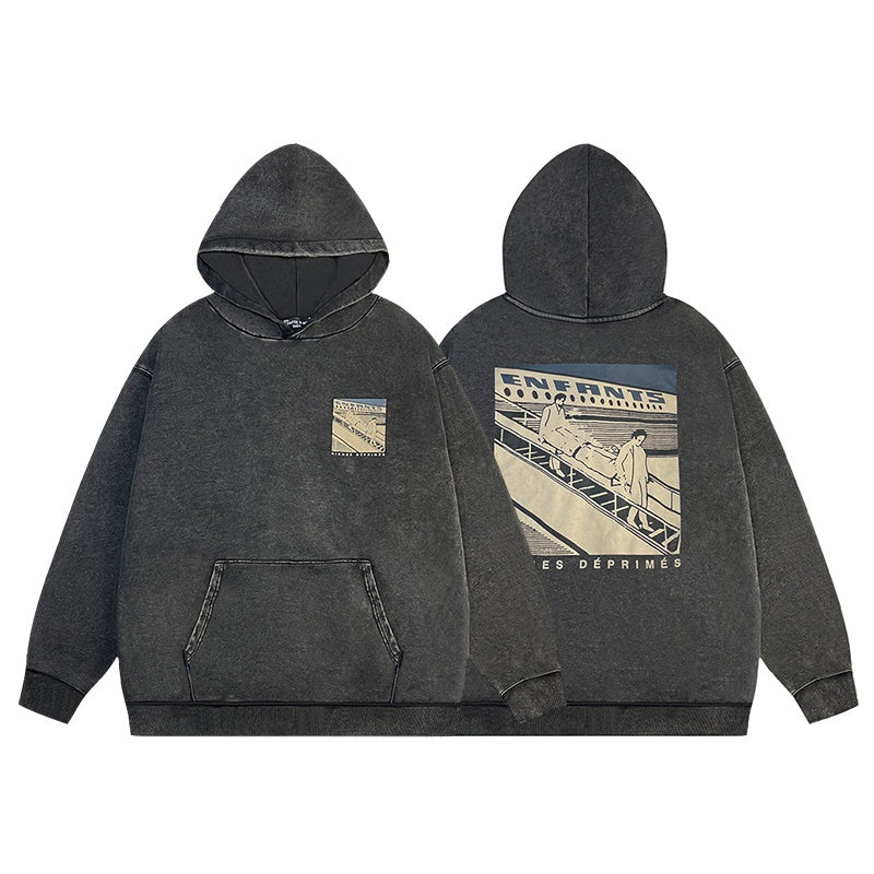 ERD Hoodie Washed Dark Hooded Layer Front Pocket Mini Scene Print Back Large Urban Illustration