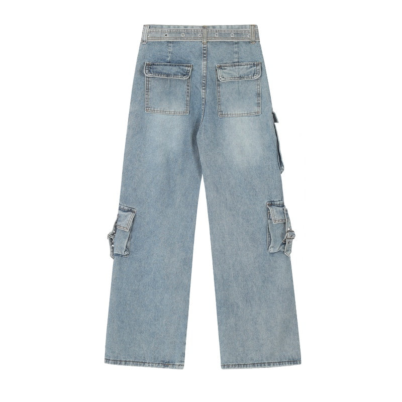 American-style streetwear harem pants Multiple Flap Pockets Streetwear Wide Denim