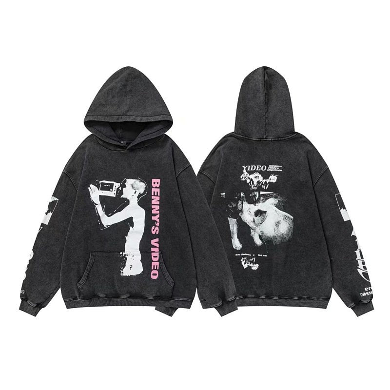 ERD Hoodie Washed Black Pullover Pink Vertical Letter Figure & Sleeve Print
