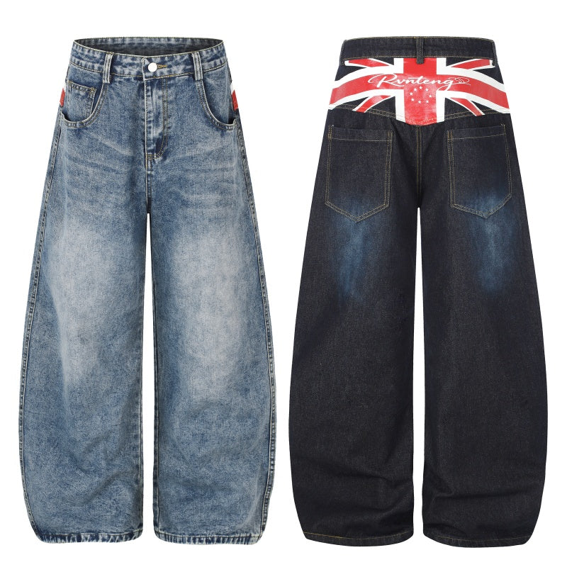 American-style streetwear harem pants Faded Washed Flag Detail Curved Barrel Trousers