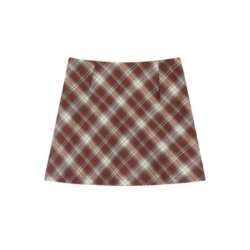American-style vintage Skirt Contrast Grid Print High Waist Mini Skirt