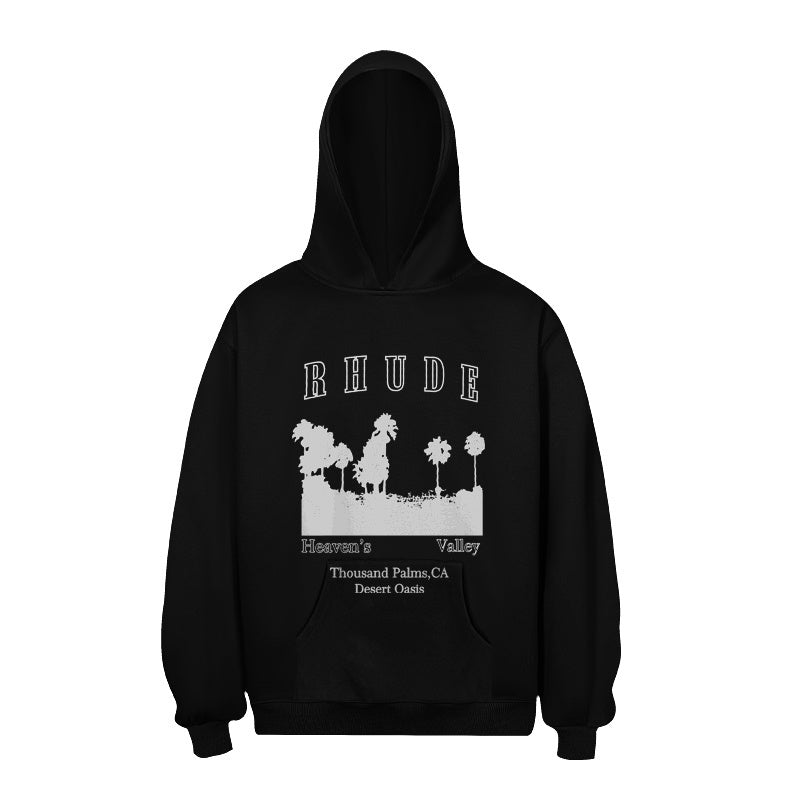 RHUDE Hoodie West‑Coast Palm Skyline Typography Motif