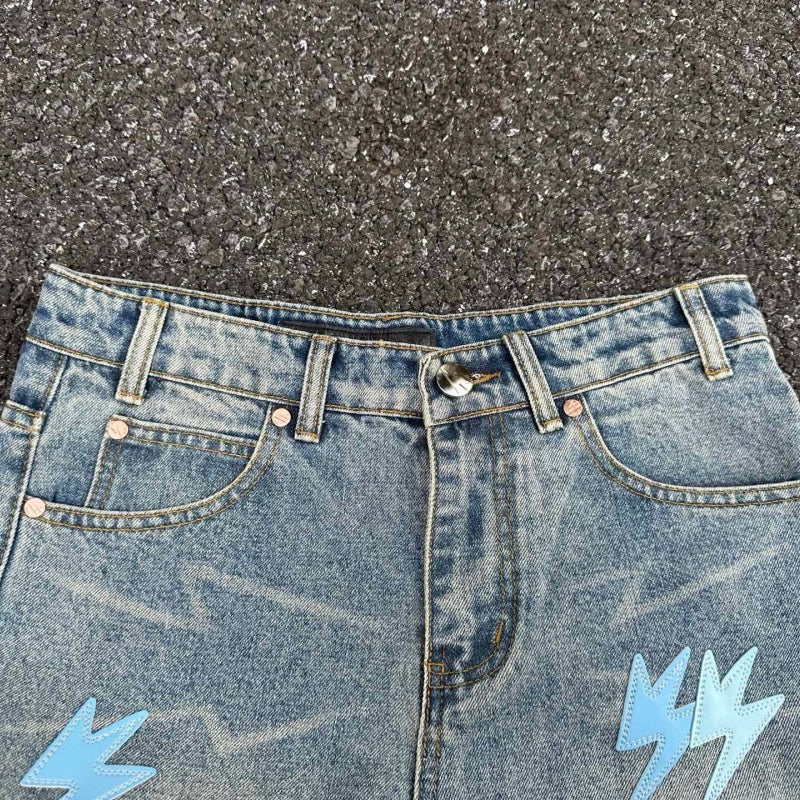 Lightning Pattern Jeans High-quality high-street pure cotton trousers