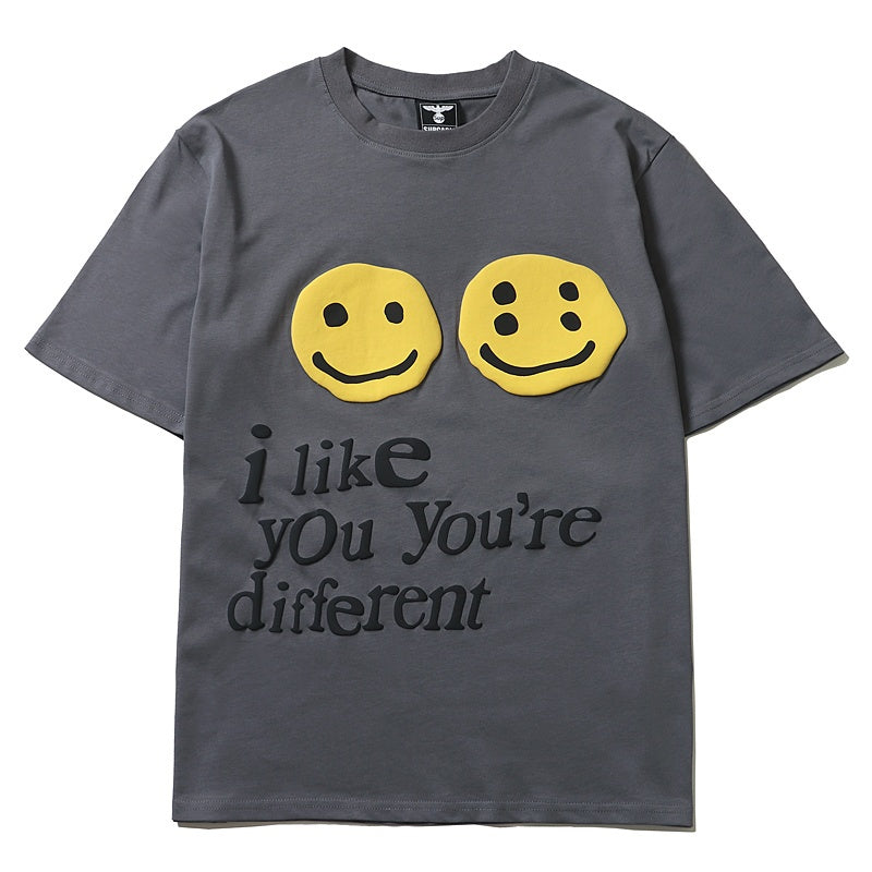Mens T-shirt Vintage American-style Trendy "Kanye-style" oversized tee featuring a "double-yolk" smiley face design with puff print.