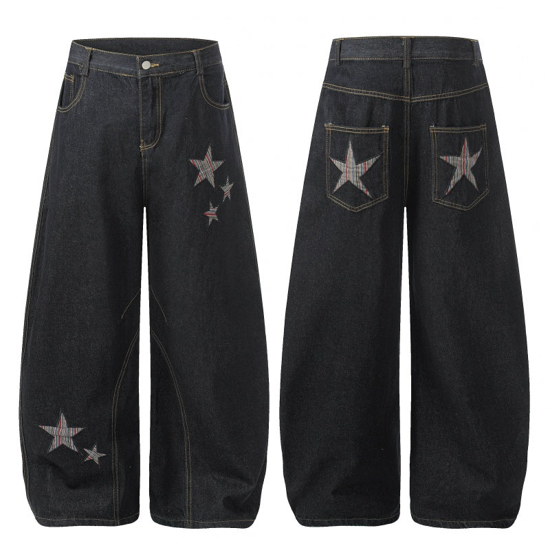 American-style streetwear harem pants Multi Star Patchwork Relaxed Barrel Silhouette Denims