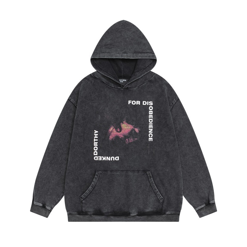 ERD Hoodie Retro Stone Wash Hooded Layer Vertical Letter Motif & Back Magenta Artwork