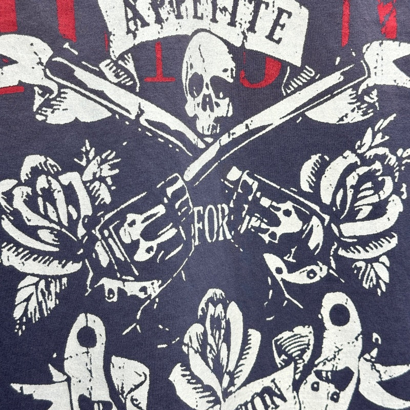 Unisex Vintage T Shirts Guns N' Roses x Harley-Davidson Limited Collaboration: Graphite Blue Short-Sleeve T-Shirt. Features a washed, distressed finish with "whiskering" effects and premium American-style plastisol screen printing. High-quality textu