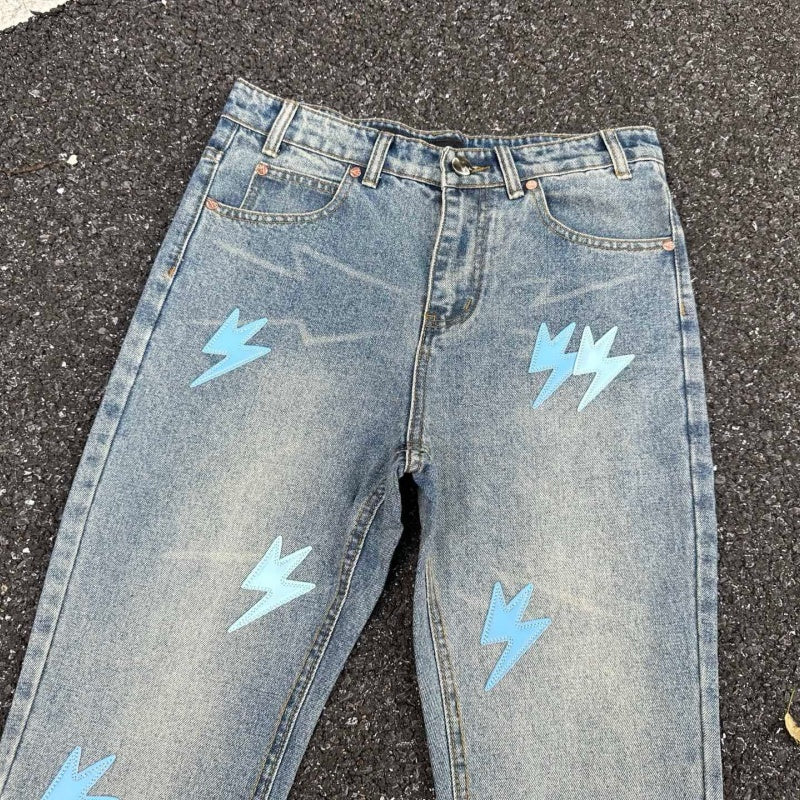 Lightning Pattern Jeans High-quality high-street pure cotton trousers