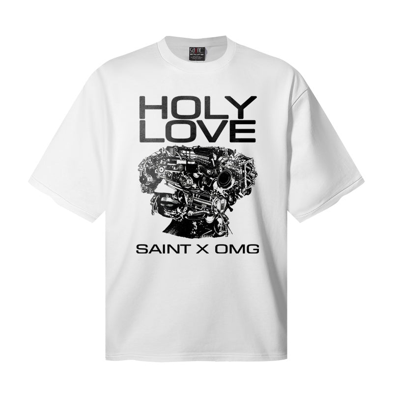 Saint Michael T Shirts Bold Letter Holy Love Mechanical Head Graphic Loose Casual White